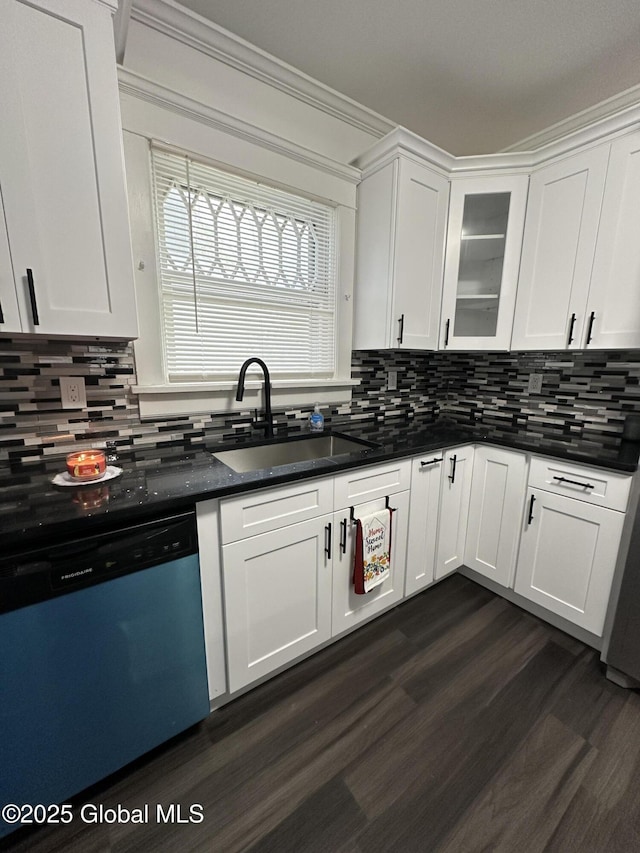 6 Alvey St, Schenectady, NY 12304 - kitchen featuring dishwasher, a sink, white cabinets, dark wood-style flooring, and decorative backsplash