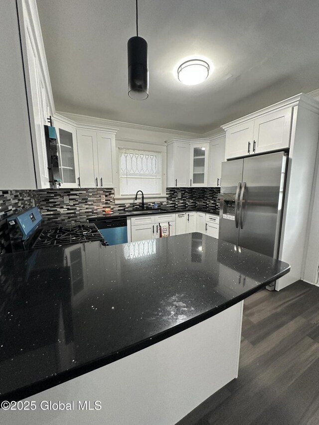 6 Alvey St, Schenectady, NY 12304 - kitchen with dishwasher, tasteful backsplash, glass insert cabinets, stainless steel fridge with ice dispenser, and dark wood-style floors