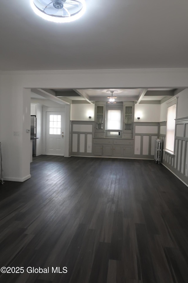 6 Alvey St, Schenectady, NY 12304 - spare room featuring dark wood-style flooring, radiator, coffered ceiling, beam ceiling, and ornamental molding