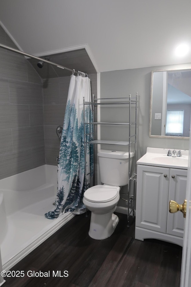 6 Alvey St, Schenectady, NY 12304 - bathroom featuring wood finished floors, a shower with shower curtain, toilet, and vanity