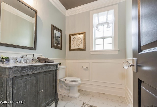 26 Olympia Ct, Stillwater, NY 12118 - half bath with marble look tile flooring, crown molding, toilet, wainscoting, and vanity