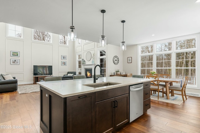 kitchen with a sink, stainless steel dishwasher, open floor plan, dark brown cabinets, and wood-type flooring