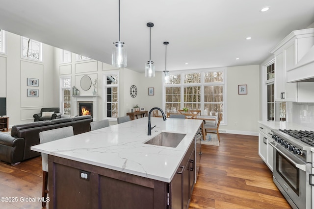 kitchen with appliances with stainless steel finishes, a sink, recessed lighting, dark wood-style floors, and a lit fireplace