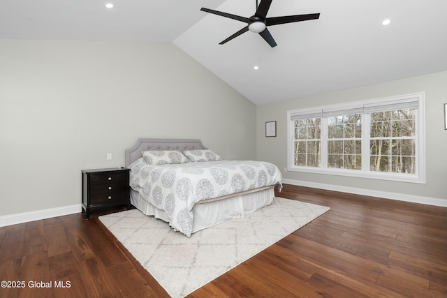 bedroom featuring recessed lighting, baseboards, lofted ceiling, wood finished floors, and ceiling fan