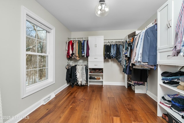 walk in closet with wood finished floors