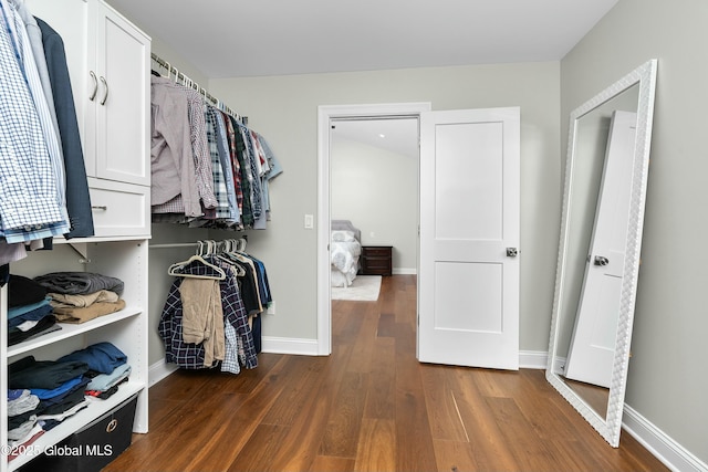 walk in closet with wood finished floors