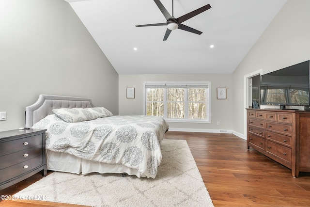 bedroom featuring vaulted ceiling, dark wood-style flooring, recessed lighting, baseboards, and a ceiling fan