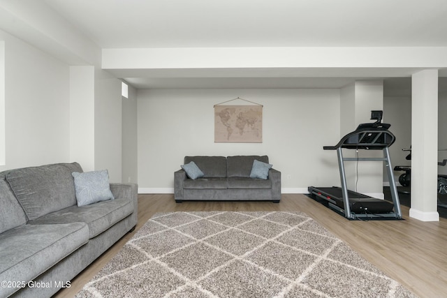 living room featuring wood finished floors and baseboards