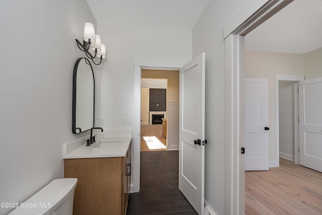 bathroom featuring vanity, toilet, and wood finished floors