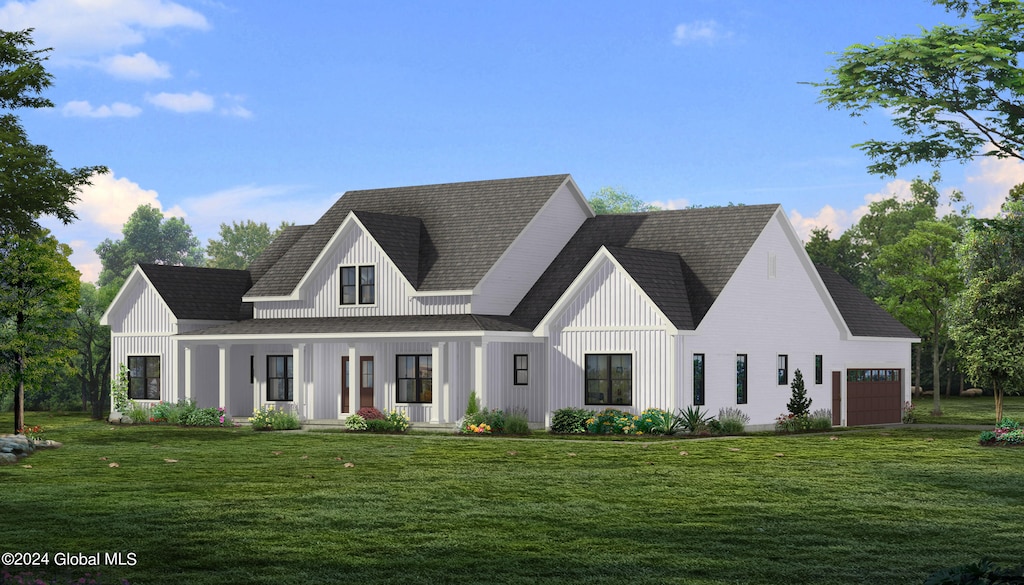 L6 Hetcheltown Rd, Glenville, NY 12302 - modern farmhouse style home featuring a porch, board and batten siding, a front yard, and a shingled roof