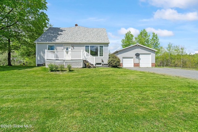 18 Main St, Berne, NY 12059 - cape cod home with an outdoor structure, a garage, a front yard, and a wooden deck