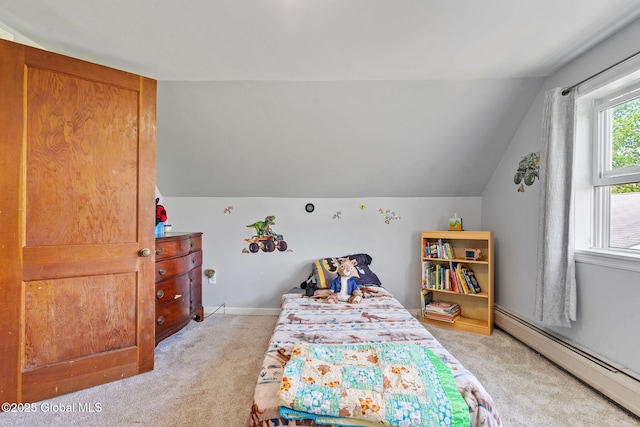18 Main St, Berne, NY 12059 - bedroom with a baseboard heating unit, light carpet, vaulted ceiling, and baseboards