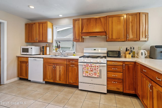 18 Main St, Berne, NY 12059 - kitchen featuring white appliances, a sink, custom exhaust hood, light countertops, and recessed lighting