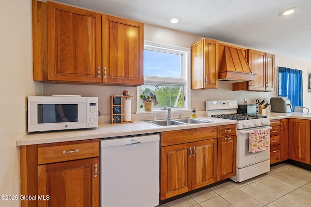 18 Main St, Berne, NY 12059 - kitchen featuring white appliances, premium range hood, a sink, and brown cabinetry