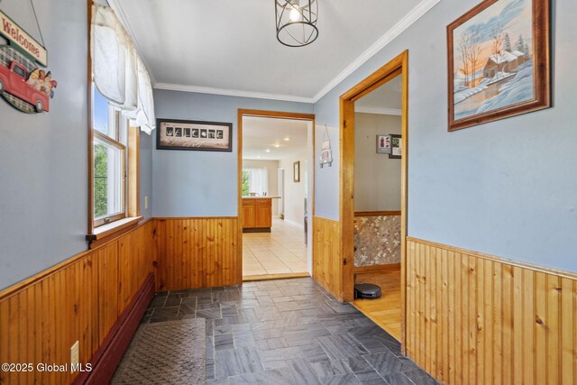 18 Main St, Berne, NY 12059 - hall featuring a wainscoted wall, wooden walls, healthy amount of natural light, and crown molding