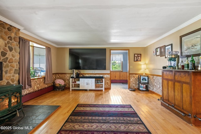 18 Main St, Berne, NY 12059 - living room with a wood stove, hardwood / wood-style floors, wainscoting, and crown molding