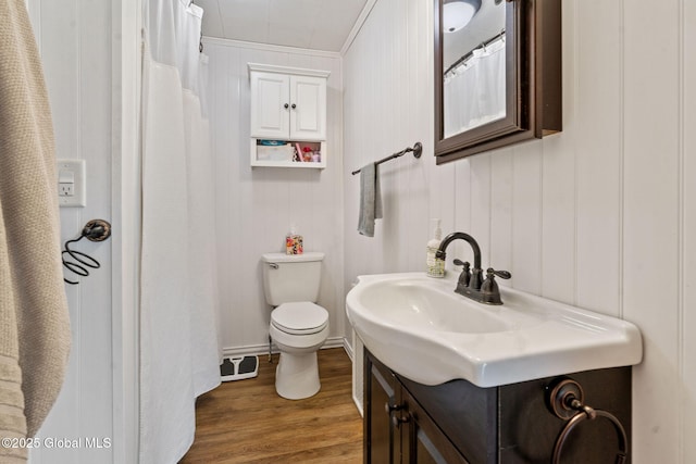 18 Main St, Berne, NY 12059 - bathroom featuring wood finished floors, toilet, ornamental molding, vanity, and a shower with curtain