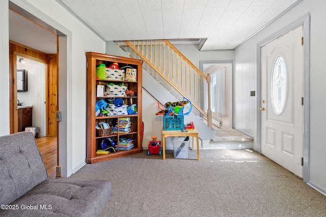 18 Main St, Berne, NY 12059 - carpeted entrance foyer featuring stairs and ornamental molding