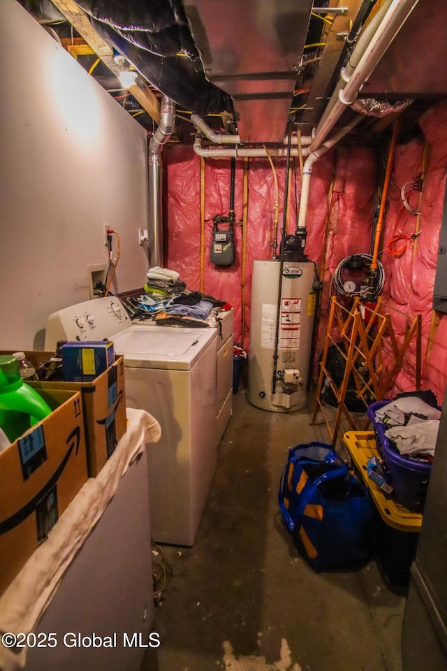 unfinished basement with washing machine and dryer, gas water heater, and gas meter