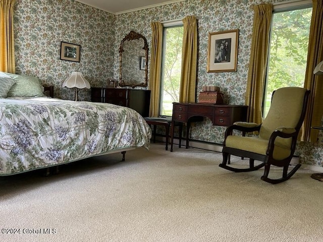 601/603 Baldwin Rd, Ticonderoga, NY 12883 - bedroom with wallpapered walls, carpet floors, and ornamental molding