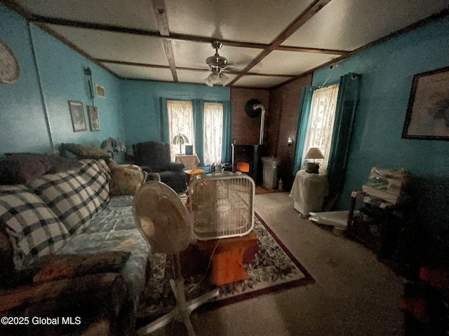 96 Athol Rd, Thurman, NY 12810 - carpeted living room with coffered ceiling and a ceiling fan