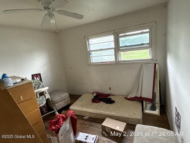 bedroom featuring wood finished floors and a ceiling fan