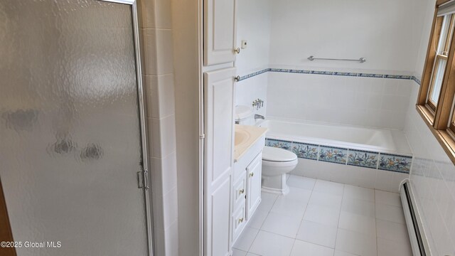 505 Elm Ave, Bethlehem, NY 12158 - full bath with a baseboard heating unit, a shower stall, a bath, tile patterned flooring, and vanity