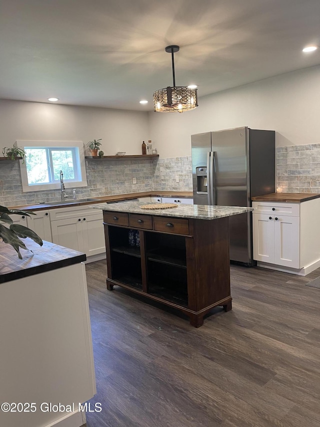 1054 Vly Smt, Cambridge, NY 12834 - kitchen featuring open shelves, stainless steel refrigerator with ice dispenser, tasteful backsplash, dark wood finished floors, and white cabinetry