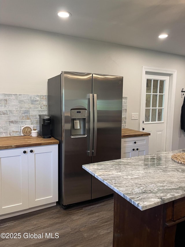 1054 Vly Smt, Cambridge, NY 12834 - kitchen with stainless steel refrigerator with ice dispenser, wood counters, white cabinetry, dark wood finished floors, and tasteful backsplash