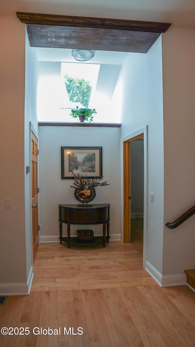 138 Church St, Saratoga Springs, Inside, NY 12866 - hallway with light wood-style floors, baseboards, stairway, and a high ceiling