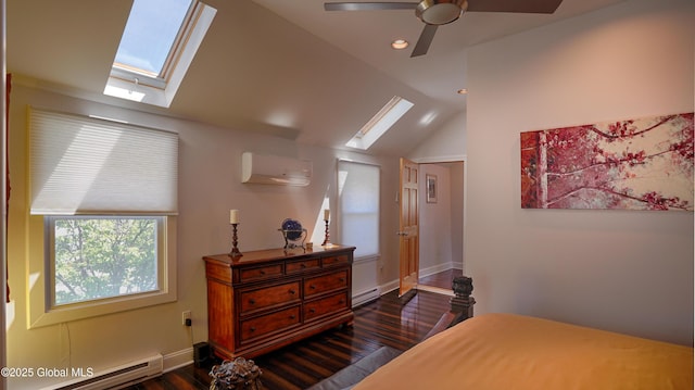 138 Church St, Saratoga Springs, Inside, NY 12866 - bedroom with a skylight, a wall mounted AC, dark wood-style flooring, a baseboard heating unit, and lofted ceiling