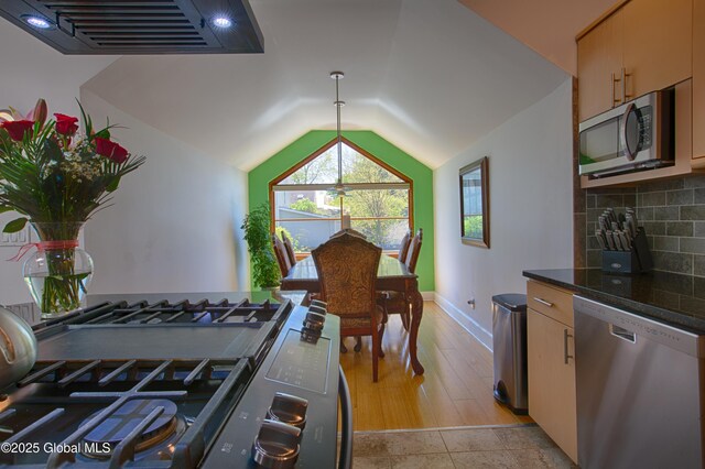 138 Church St, Saratoga Springs, Inside, NY 12866 - kitchen featuring stainless steel appliances, decorative backsplash, lofted ceiling, dark stone countertops, and baseboards