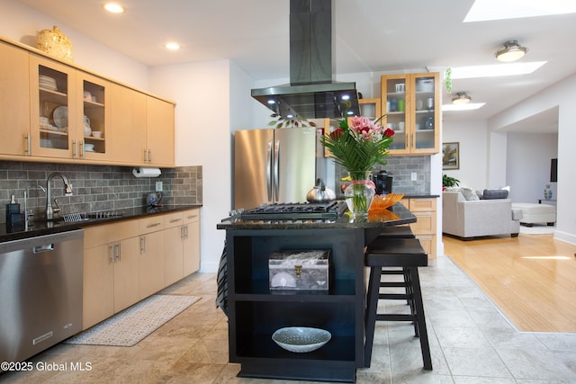 138 Church St, Saratoga Springs, Inside, NY 12866 - kitchen featuring stainless steel appliances, island exhaust hood, a sink, decorative backsplash, and open shelves
