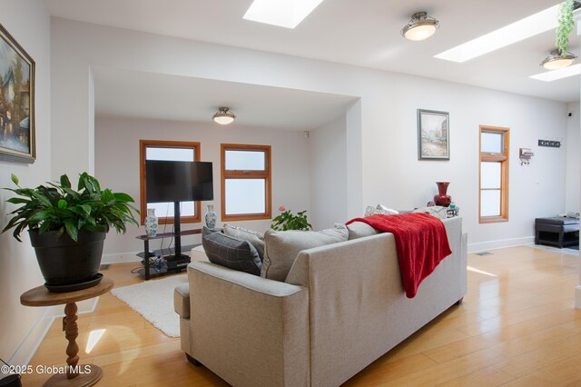 138 Church St, Saratoga Springs, Inside, NY 12866 - living area featuring a skylight, light wood-style flooring, and baseboards