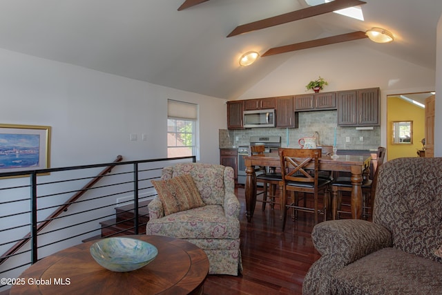 138 Church St, Saratoga Springs, Inside, NY 12866 - living area featuring dark wood-style floors and high vaulted ceiling