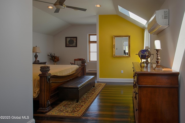 138 Church St, Saratoga Springs, Inside, NY 12866 - bedroom featuring a wall unit AC, a skylight, baseboards, dark wood-style flooring, and lofted ceiling
