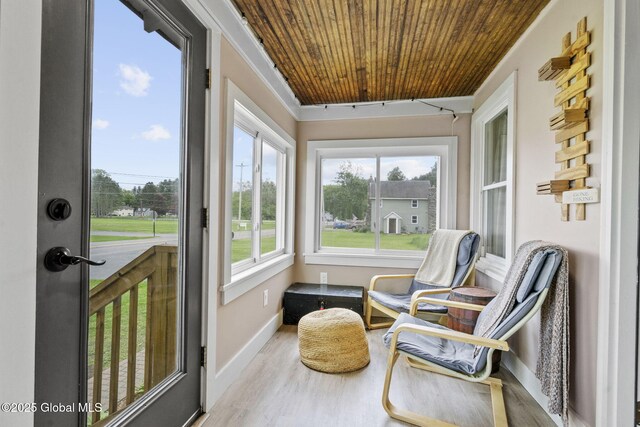 109 Wood Rd, Ballston Spa, NY 12020 - sunroom featuring wood finished floors, baseboards, wood ceiling, and ornamental molding