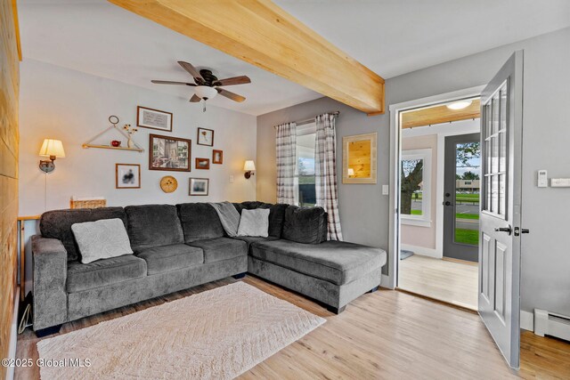 109 Wood Rd, Ballston Spa, NY 12020 - living room featuring light wood-type flooring, a ceiling fan, beamed ceiling, a baseboard radiator, and baseboards