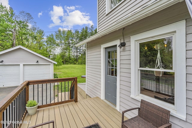 109 Wood Rd, Ballston Spa, NY 12020 - wooden terrace with an outdoor structure, a detached garage, and a lawn