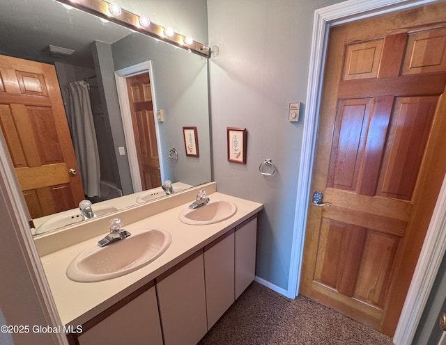 110 Juniper Hill Dr Unit 34, Bolton, NY 12814 - bathroom with double vanity, baseboards, and a shower with shower curtain