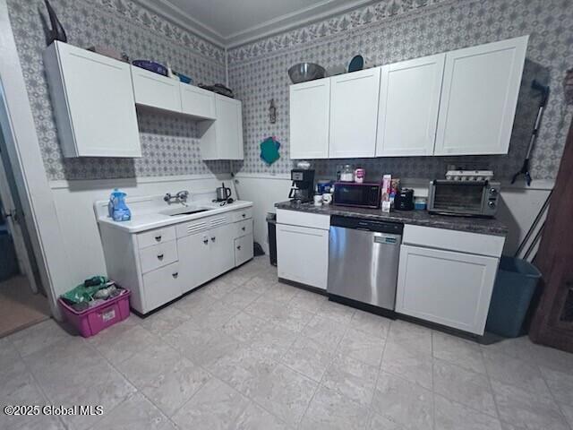 436 Lower Main St, Fort Edward, NY 12839 - kitchen featuring stainless steel dishwasher, wallpapered walls, black microwave, crown molding, and a sink