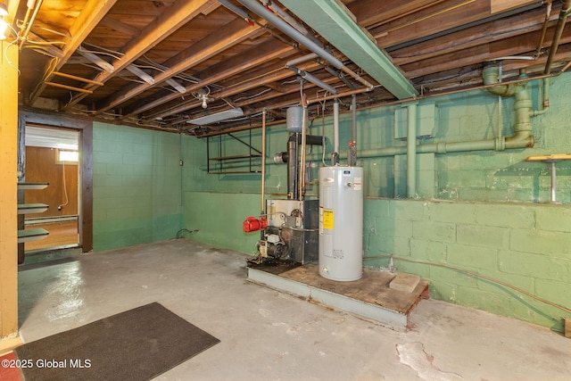 unfinished basement featuring water heater and a heating unit