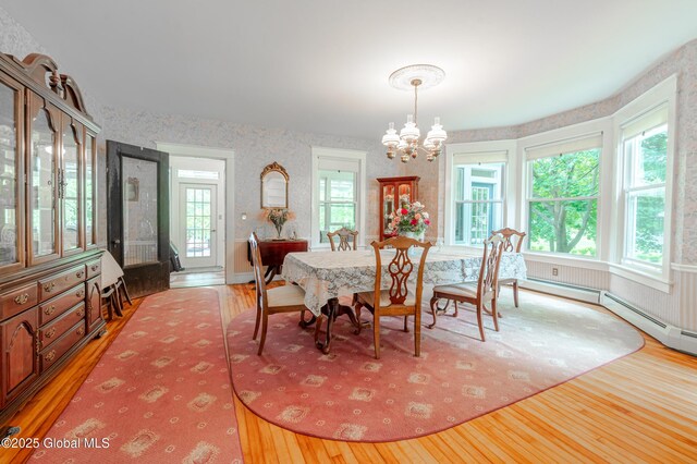 dining area featuring wood finished floors, a chandelier, wallpapered walls, and healthy amount of natural light