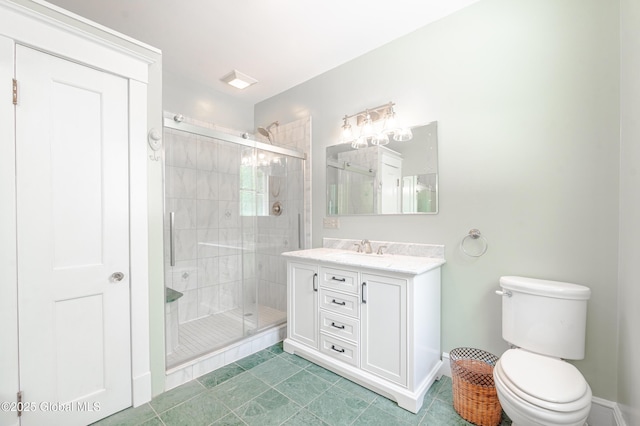 full bath featuring a stall shower, toilet, vanity, baseboards, and tile patterned floors