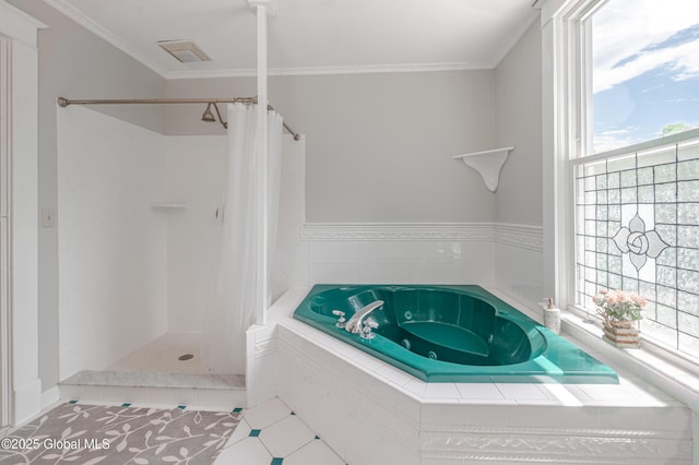 bathroom featuring a tub with jets, tiled shower, tile patterned floors, and ornamental molding