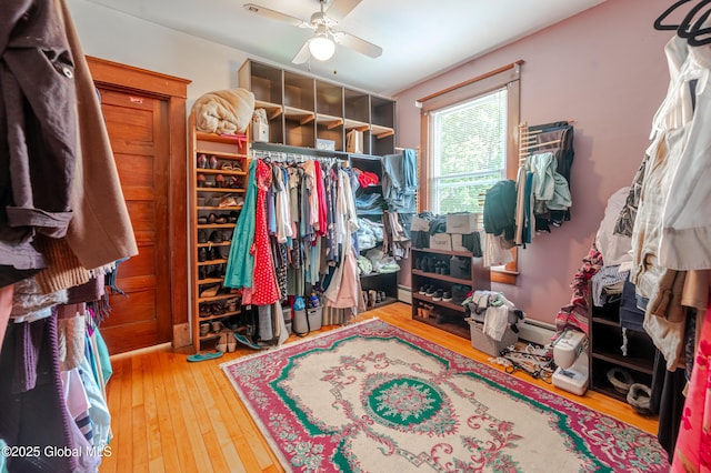 spacious closet with hardwood / wood-style floors, a ceiling fan, and a baseboard radiator