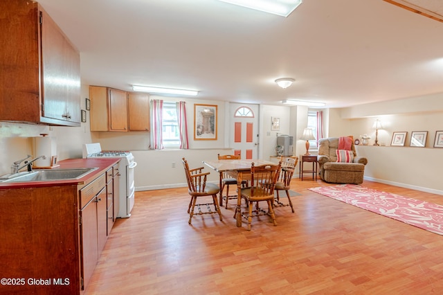 dining area featuring light wood-style floors and baseboards