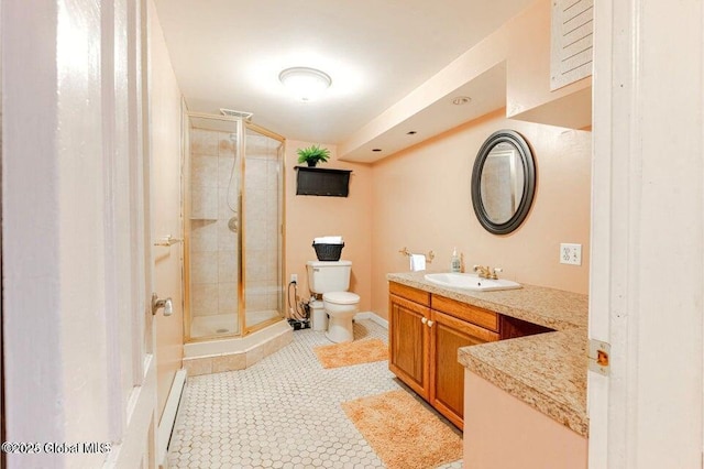 full bathroom featuring toilet, a shower stall, vanity, and tile patterned floors