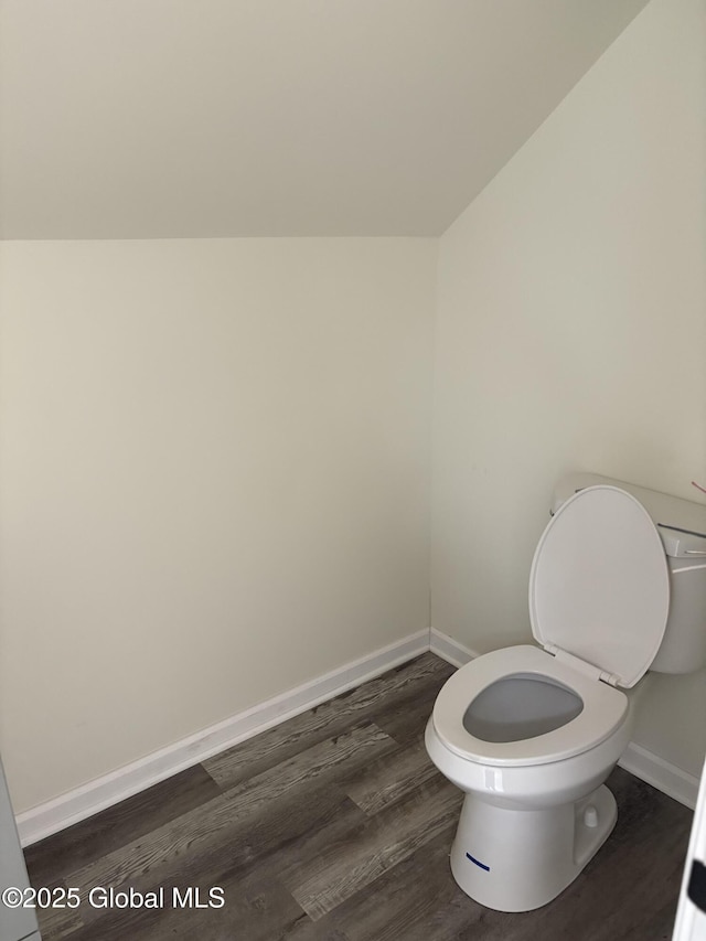 4632 State Highway 30, Broadalbin, NY 12010 - bathroom with baseboards, wood finished floors, toilet, and lofted ceiling