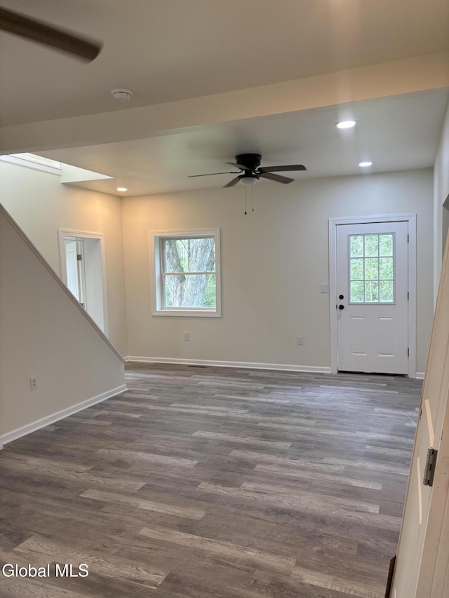 4632 State Highway 30, Broadalbin, NY 12010 - unfurnished living room with dark wood-style flooring, a ceiling fan, and recessed lighting